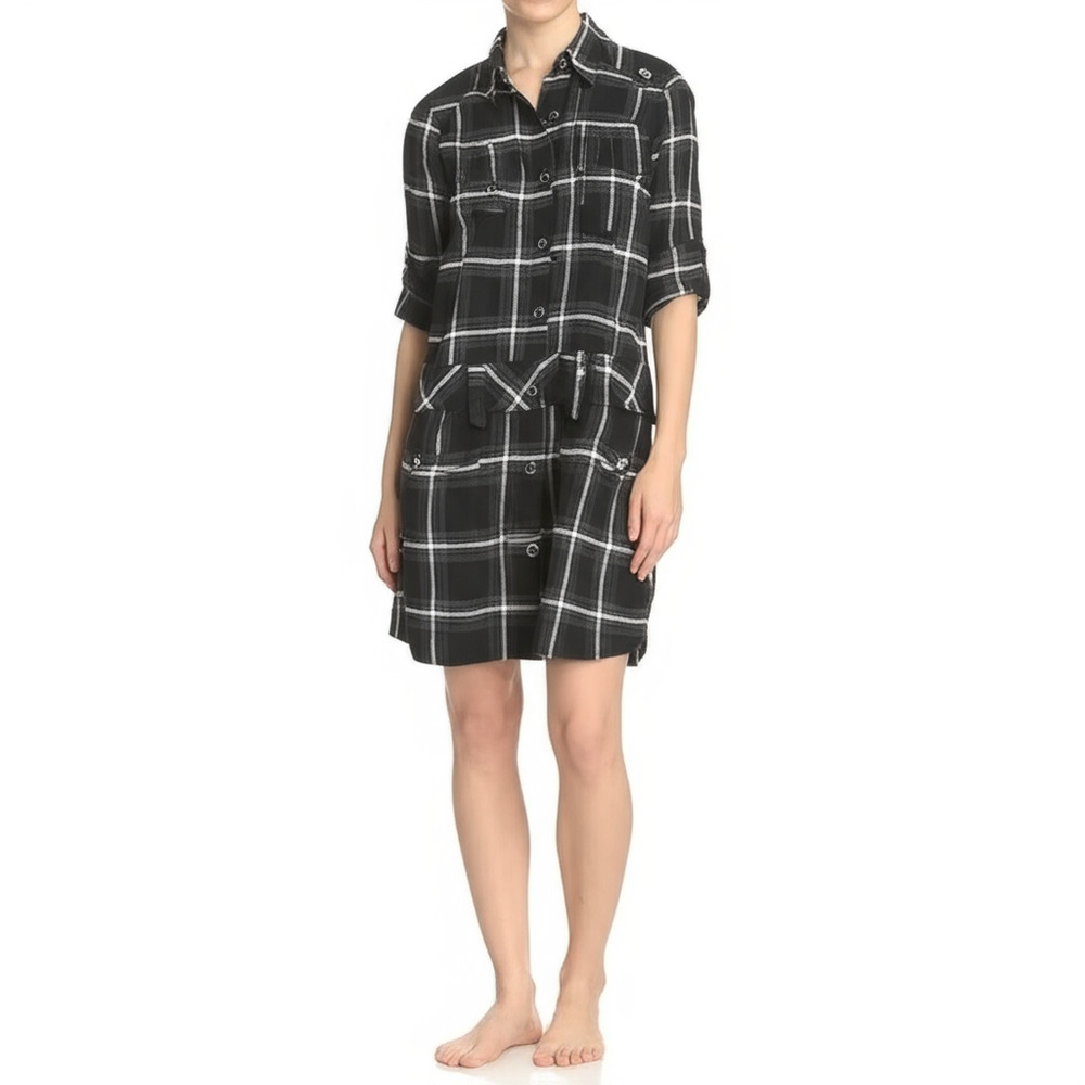 NWT Fox Womens Flannel Dress Size Medium Black Plaid Tunic Button Down Casual